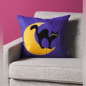 Rae Dunn Spooky Embroidered Black Cat & Crescent Moon 20x20 Pillow
